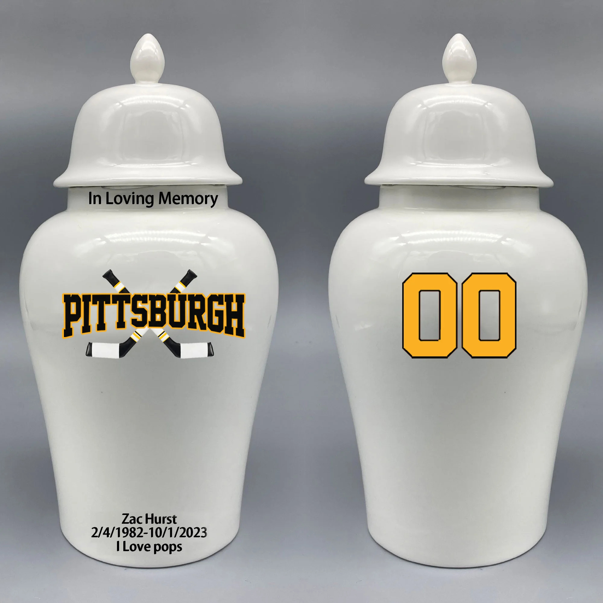 Large Urn for Pittsburgh Penguins-themed Hockey Urn.Please send me the customize information-name/date and number on the urn