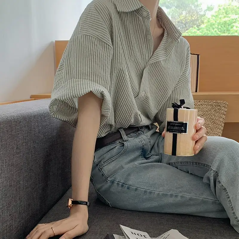Women's Clothing Casual Vertical Stripe Short Sleeve Shirt Summer New Arrival French Chiffon Stylish Versatile Elegant Blouse