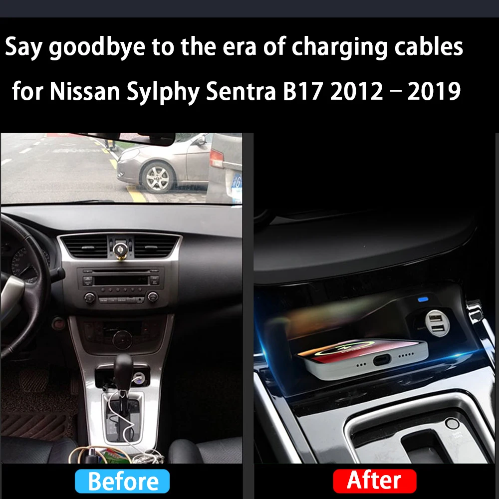 for Nissan Sylphy Sentra B17 2012–2019 Center Console Storage Wireless Mobile Phone Charger QI 18W iPhone Magsafe Fast Charging