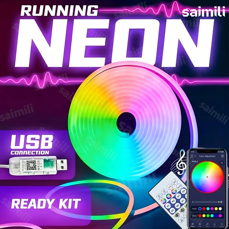 5V RGBIC Neon LED Strip USB With Bluetooth APP Music Sync Waterproof Flexible Ribbon for Home Party TV Backlight,Holiday Decor