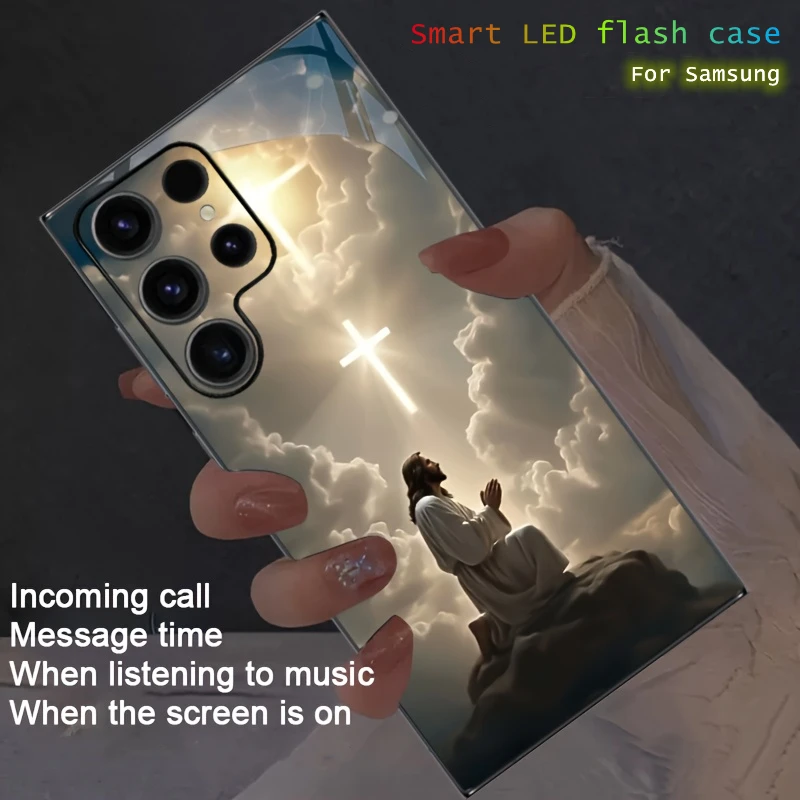 

Light of Faith Colorful Voice Control Luminous Phone Case For Samsung S25 S24 S23 S22 Ultra A03S A04S A05S LED Glow Phone Cover