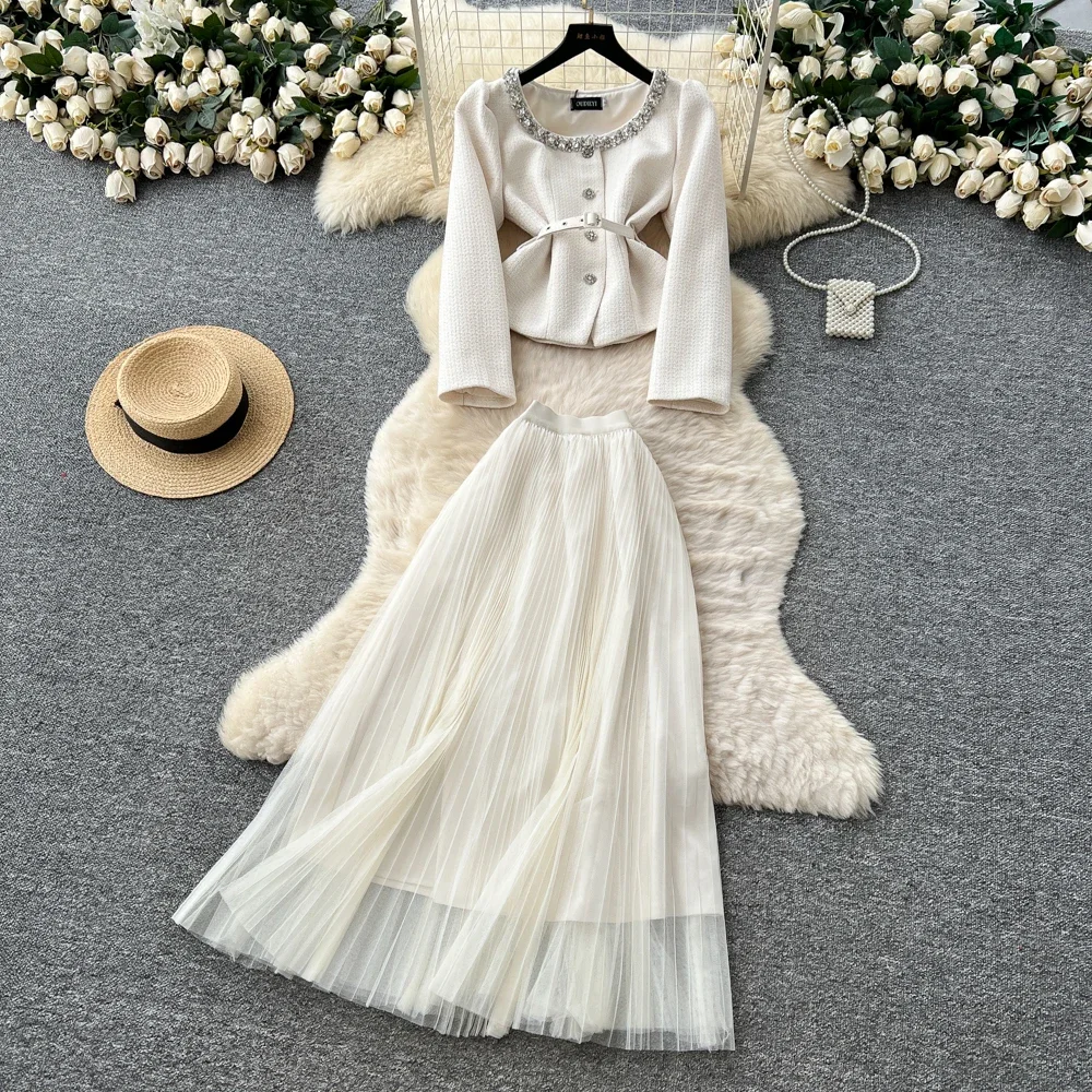 

Elegant long sleeve mesh Party Club Vintage Dress Korean Fashion Women Clothes Two Piece Set