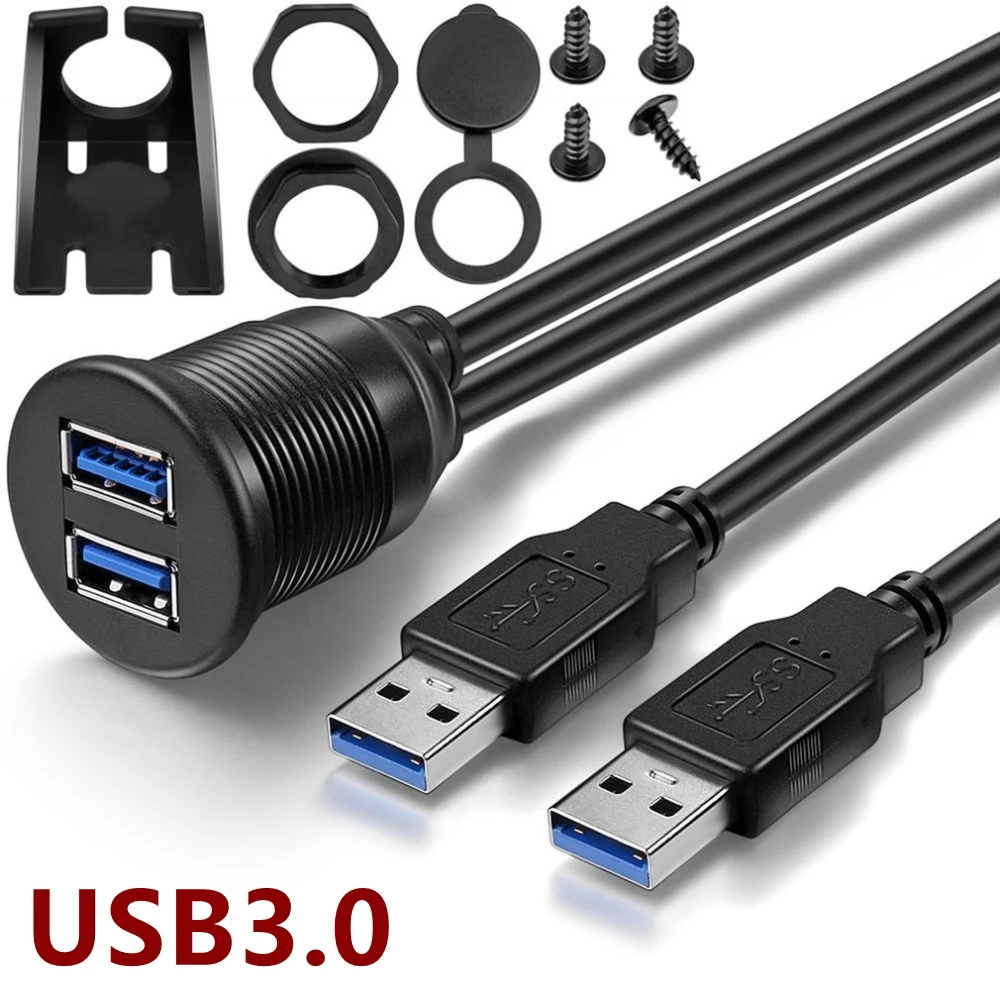 USB 3.0 Port Male To Female Extension Cable Cord Waterproof Flush Mount Dual USB Dock Adapter Dashboard Pan For Car Motorcycle