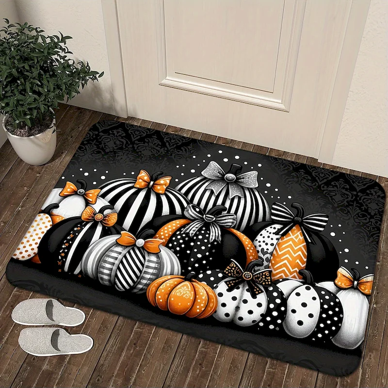 VIKAMA Halloween Striped Polka Dot Pumpkin Doormat Retro Floral Anti Slip Carpet Indoor Entrance Autumn Home Decoration