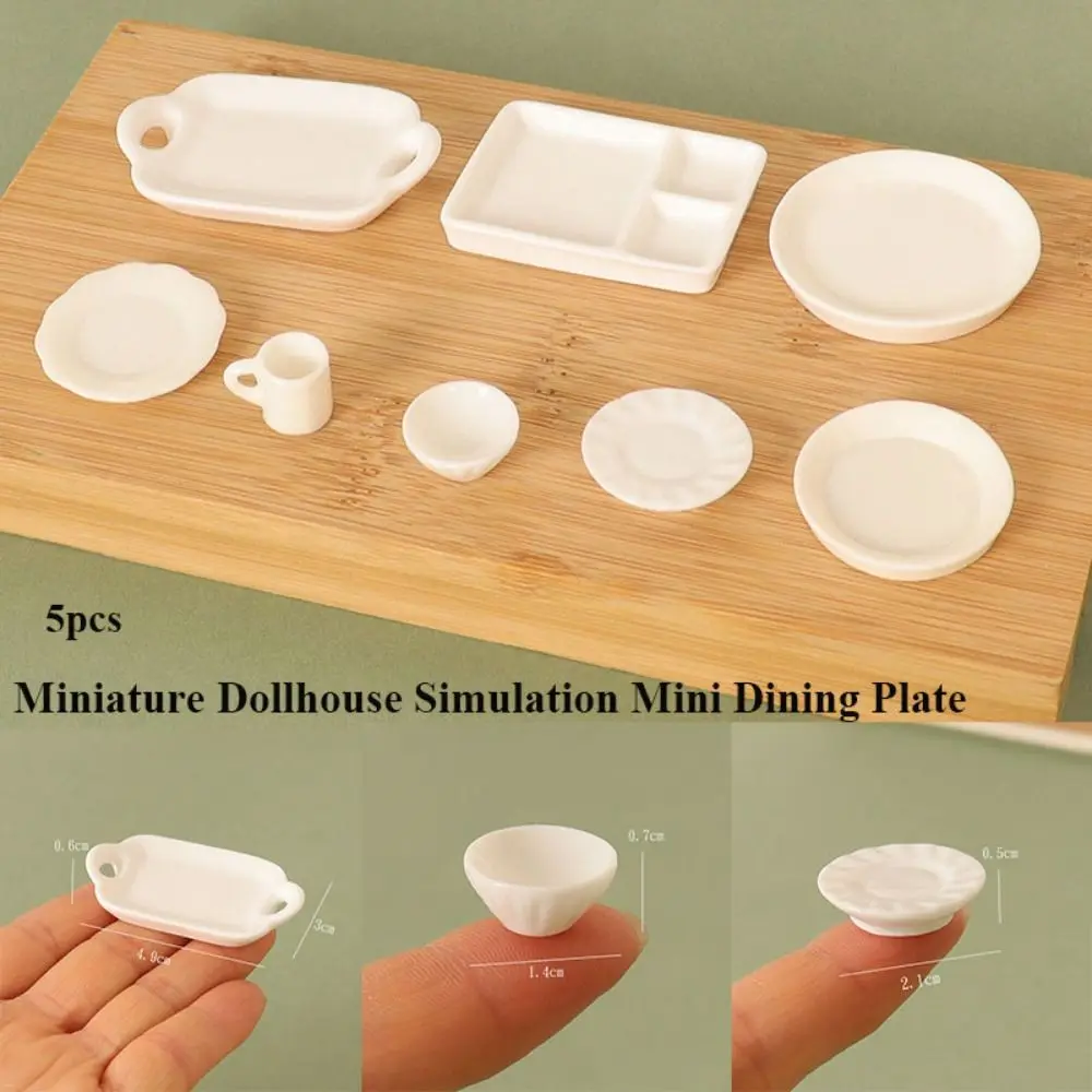 5pcs Miniature Dollhouse Food Game Accessories Scene Model Simulation Mini Pure White Dining Plate Round Plate Bowl Cup