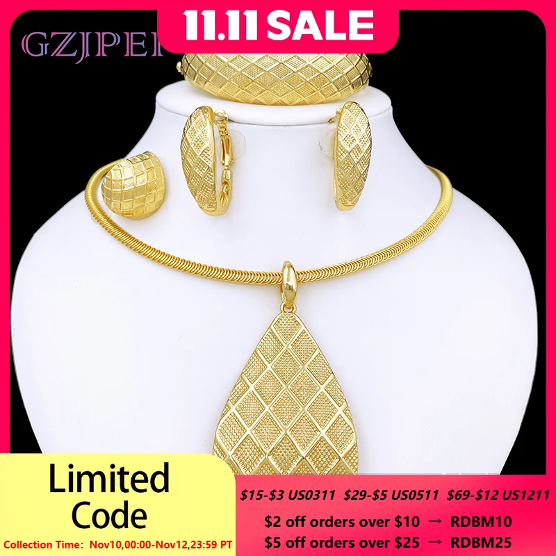 

Jewelry Set For Women Fashion 18K Gold Plated Africa Nigeria Jewelry Full Set Grid Pattern Necklace Earring Ring Bracelet Trendy