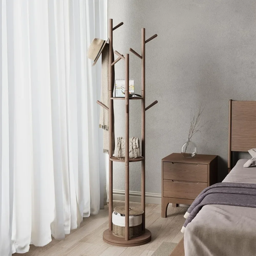 

Wooden Coat Rack Freestanding with 3 Shelves and 9 Hooks, Coat Tree, Sturdy and Easy Assembly Coat Rack Stand