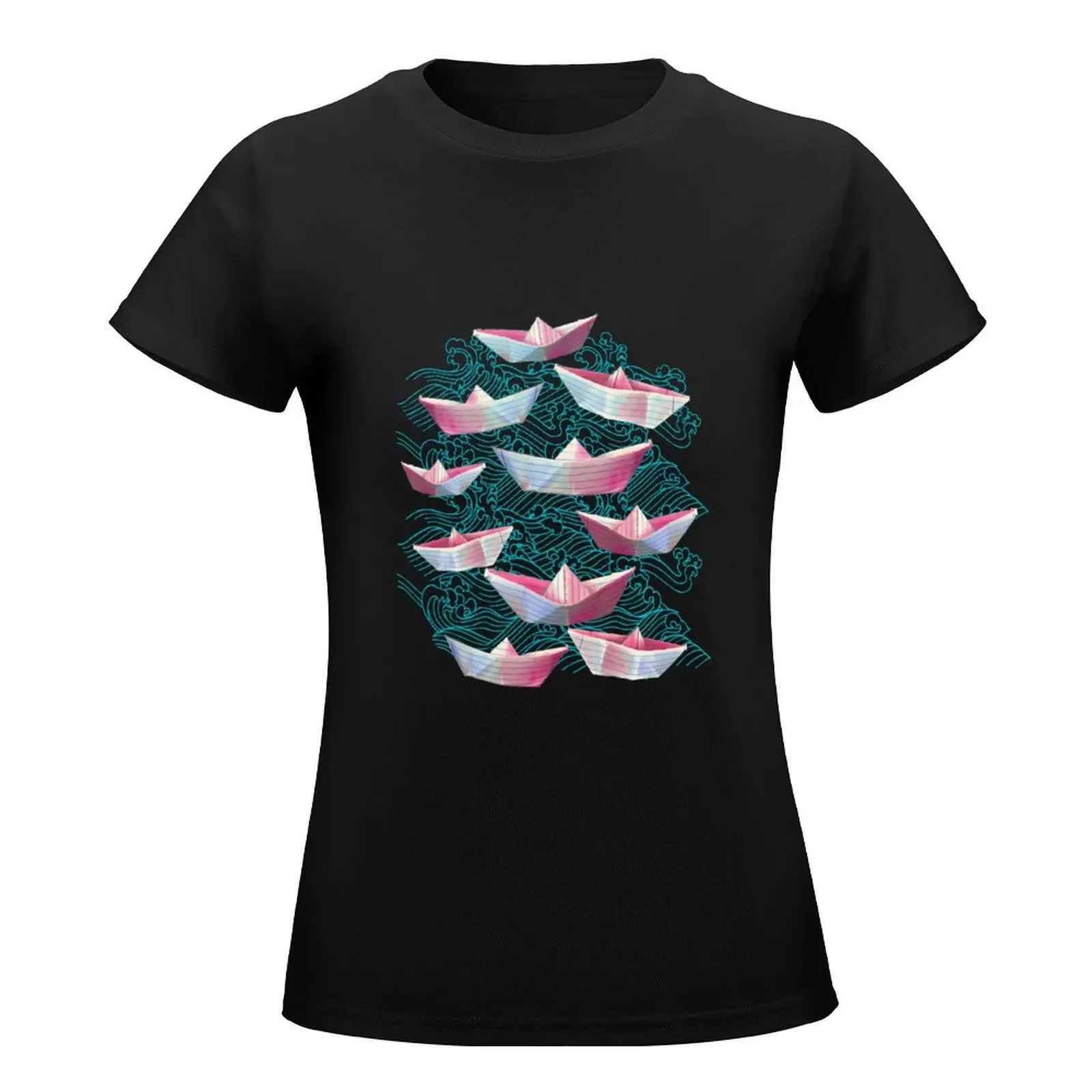 Japanese waves and paper boats T-Shirt Short sleeve tee summer clothes cute clothes lady clothes t-shirts for Women graphic tees