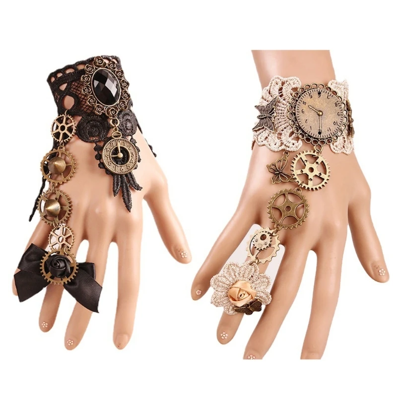 Women Bracelet Rings in 2 Colors with Gear Clock Wrist Guard and Adjustable Rings with Long Bracelet Women Cosplay Props