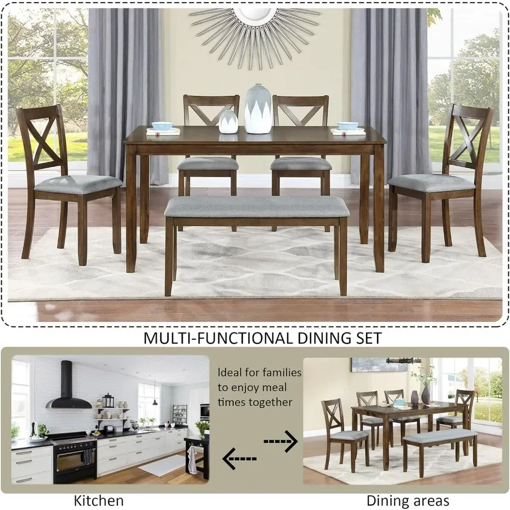 6-Piece Dining Table Set, Solid Wood Kitchen Set, Dining Room Table Set, Tables Sets for 6 with 4 Chairs and Bench Seat