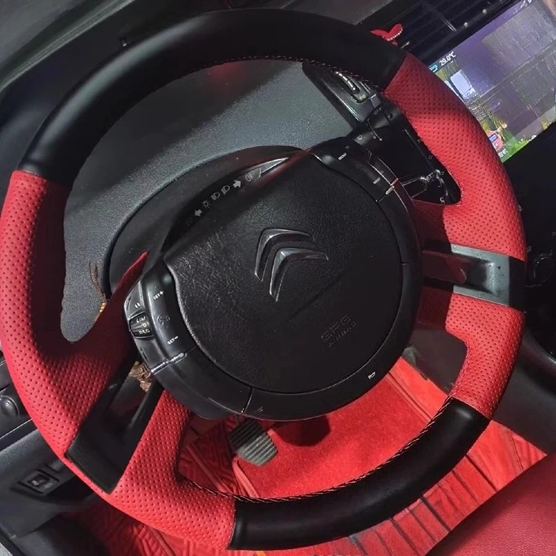 

Hand-stitched Black Red Genuine Leather non-slip Car Steering Wheel Cover For citroen c4 picasso 2007-2013 Auto parts