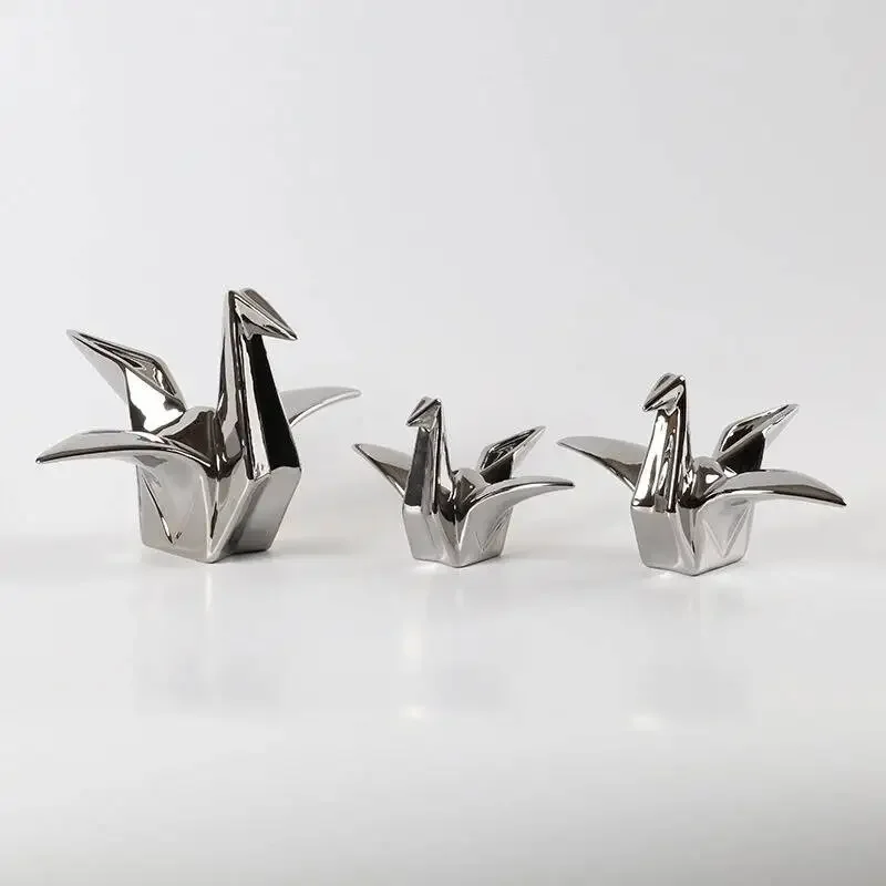 Ceramic Handicrafts Silver Paper Crane Geometric Bird Sculpture Origami Decorative Figurines Home Decoration Accessories
