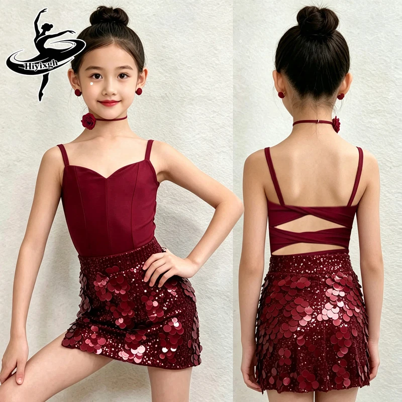 

Костюмы для латиноамериканских танцев для девочек 2026: Красный топ с пайетками и юбка для выступлений по румбе