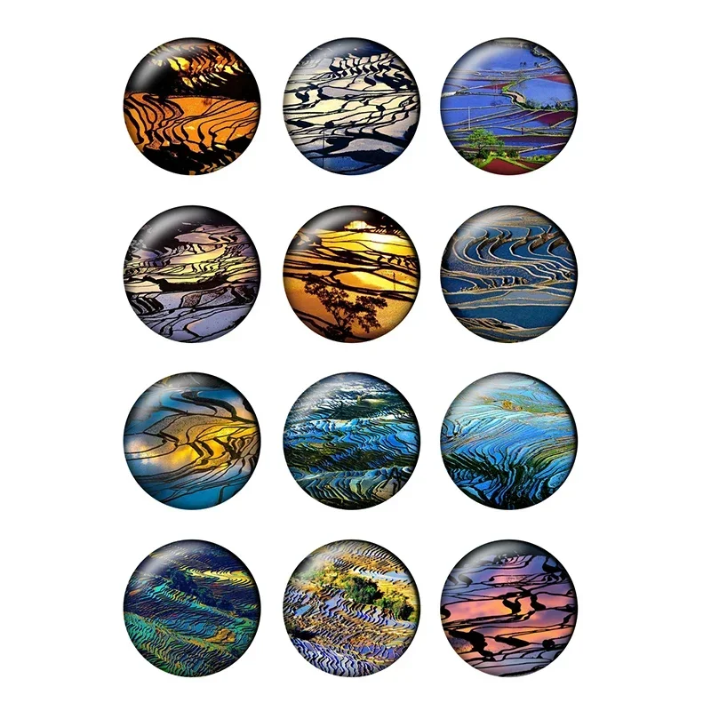 12pcs Terraced Field Landscape Round Photo Glass Cabochon 8 10 12 14 18 20 25mm Demo Flat Back DIY Jewelry Making Wholesale T072