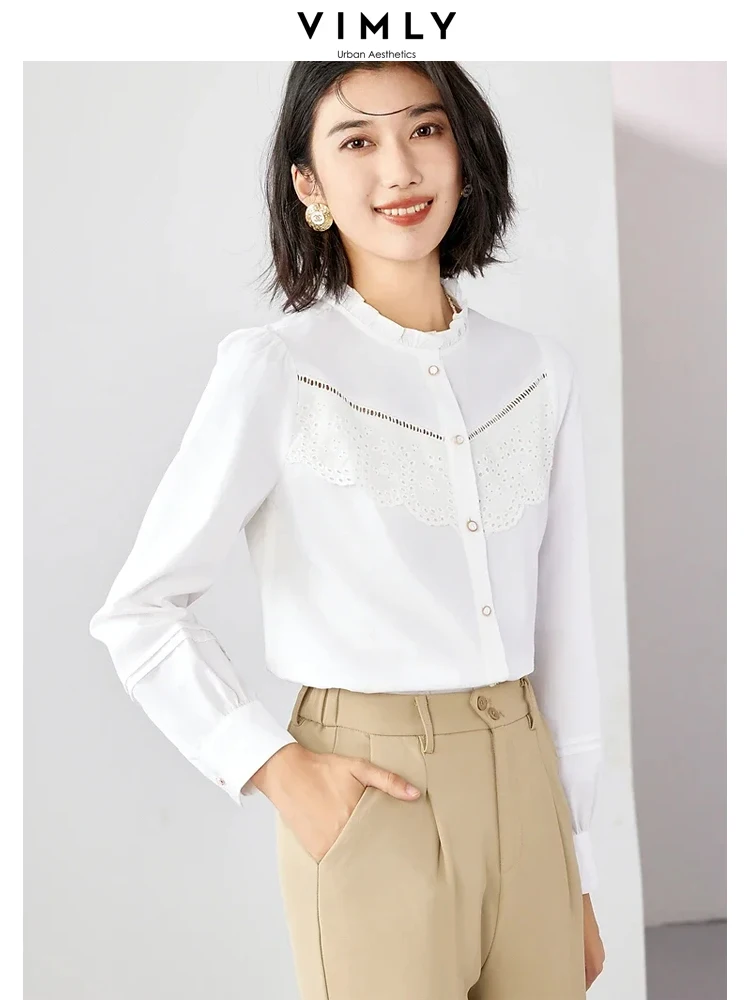 

Vimly Ruffled Collar Women's White Shirts 2023 Autumn Hollow Out Lace Puff Sleeve Lyocell Cotton Blend Elegant Lady Shirt M2538