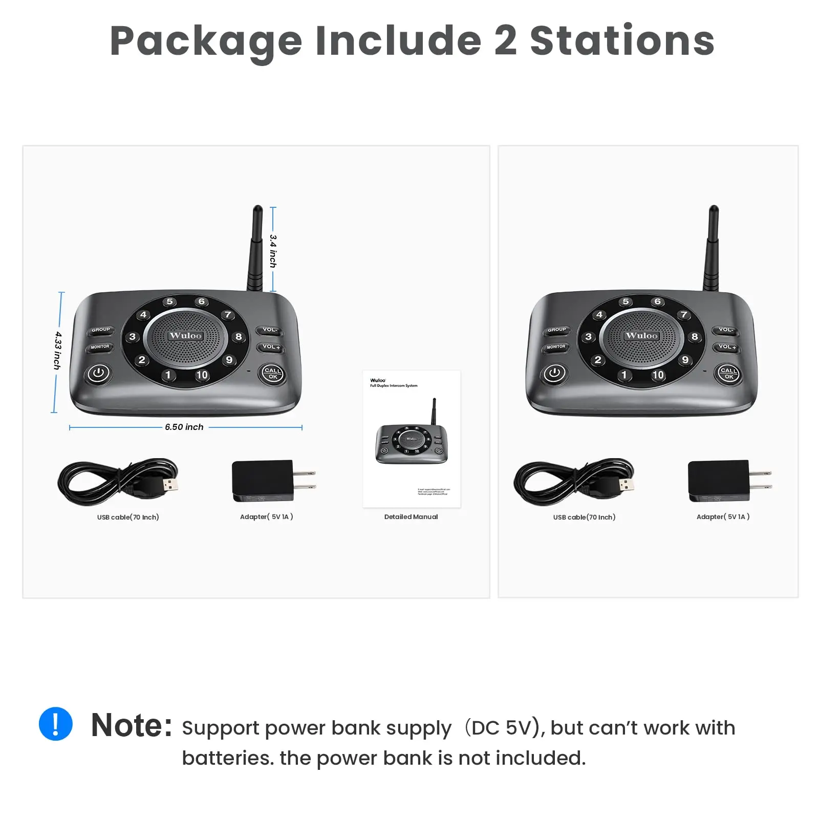 Wuloo Full Duplex Two Way Wireless Intercom Hands Free Talking like a Phone for Home Business Room to Room Communication
