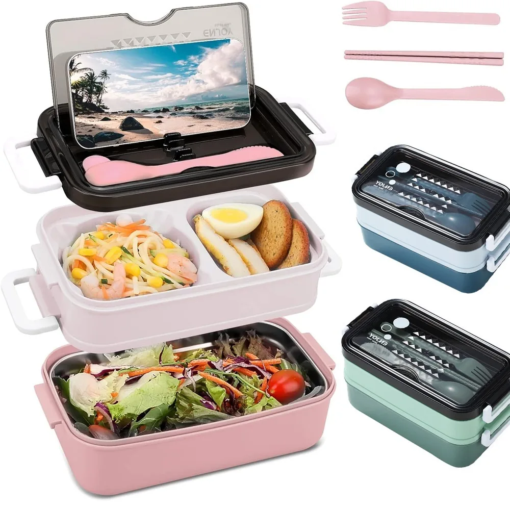 Lonchera de doble capa, caja de comida portátil con compartimentos, lonchera apta para microondas con tenedor, palillos y cuchara para la escuela y la oficina, 1 ud.