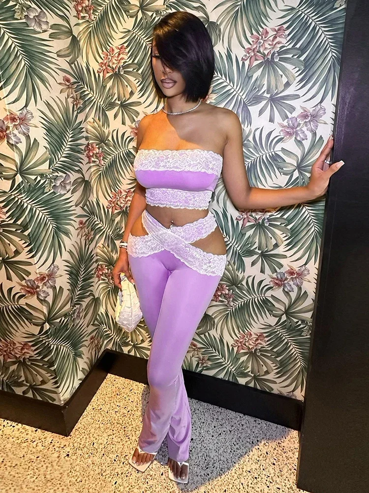 

BluWin Mesh Patchwork 2 Piece Set Women Sexy Backless Strapless Tops+Cross Hollow Skinny Long Pants Hottie Wild Style Suits