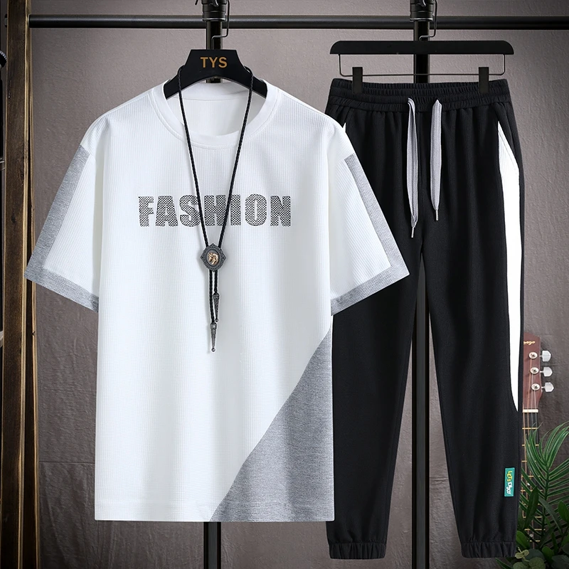 Casual 2024 Summer Two Piece Men's Sets Short Sleeve T-Shirts And Long Pants Outwear Top Tees & Elastic Waist Trousers Tracksuit