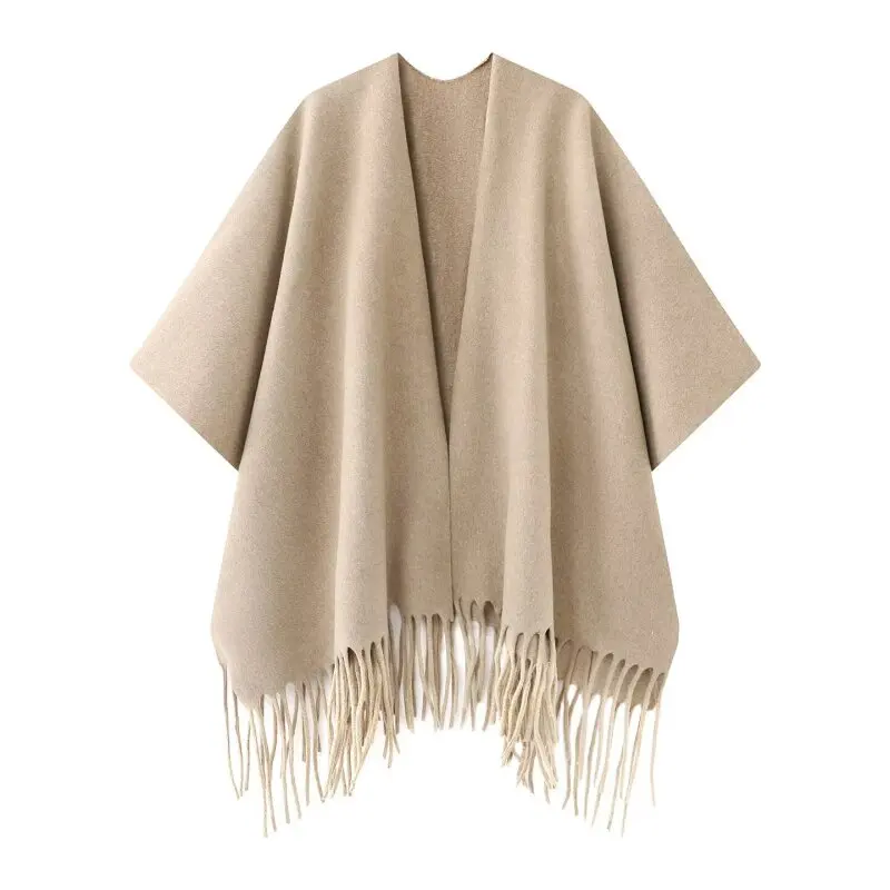 

Женская зимняя толстая теплая накидка-пончо, однотонный кардиган с кисточками и открытой передней частью, шаль большого размера, новогодняя красная элегантная накидка