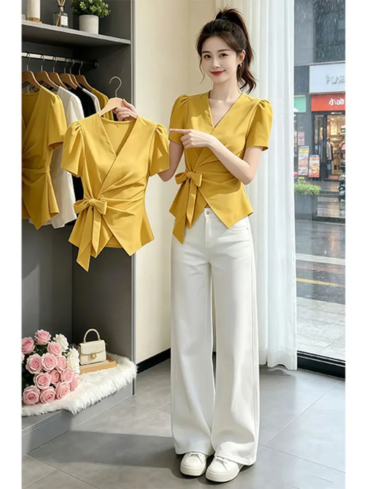 

Summer 2026 Yellow V-neck Waist-cinching Shirt Women's Design Sensation Knot Top Slimming Bubble Sleeve Blouse