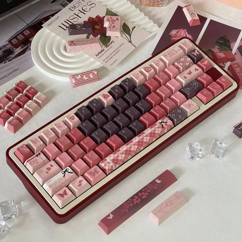 

150keys Cherry Profile Keycap Lost Rose Garden Pbt Five-Sided Sublimation Layout Enter Key Gradient Pink Dry Rose Color Keycaps