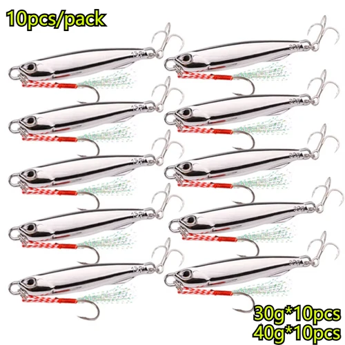 10 unids/pack pesca plantilla de Metal señuelos 30g 40g chapado plantilla de Metal plateado señuelo de pesca de mar señuelo de pesca aparejos de lubina de agua salada