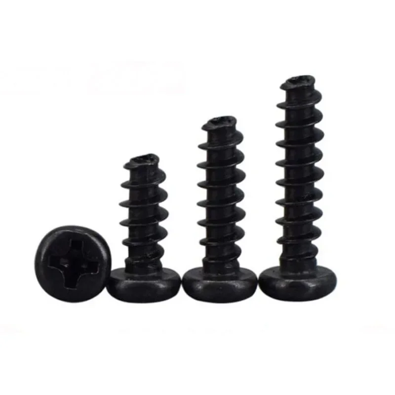 

Lot 500pcs M2.6 Black Steel Mini Micro Small Phillips Cross Round Pan Head Flat Tail Self-tapping Wood Screw M2.6x4/5/6/7/8/10mm