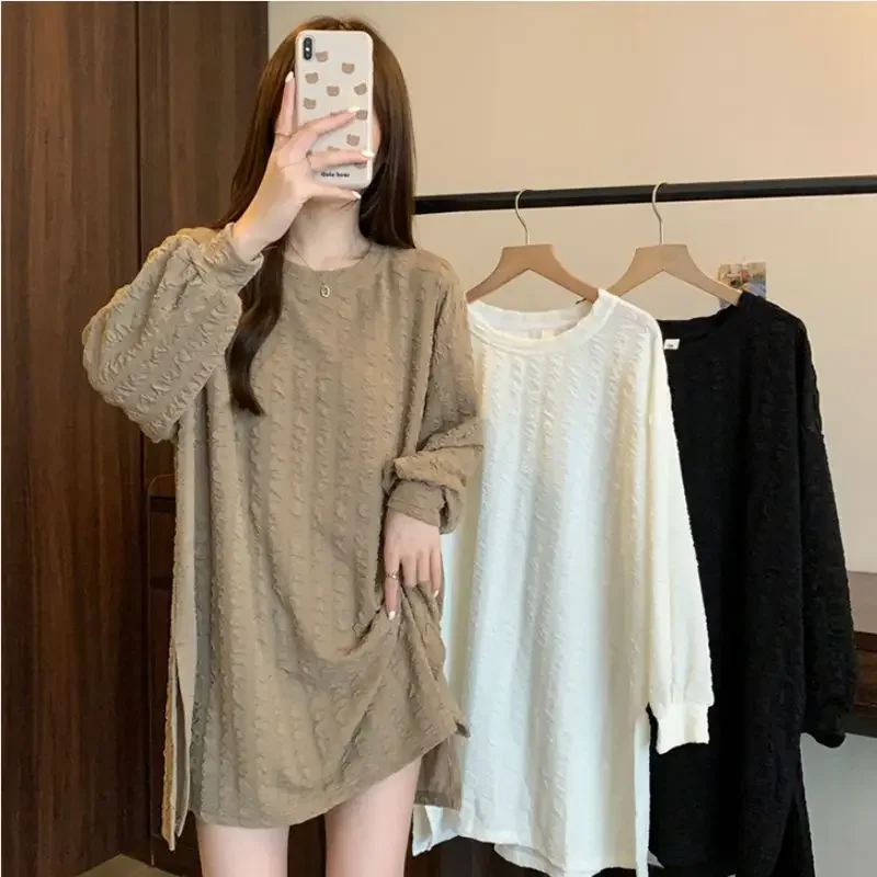 Casual Split Hem Loose T Shirt Tops Spring Autumn New Long Sleeve O-neck Solid Youth Pullovers Fashion Vintage Women Clothing