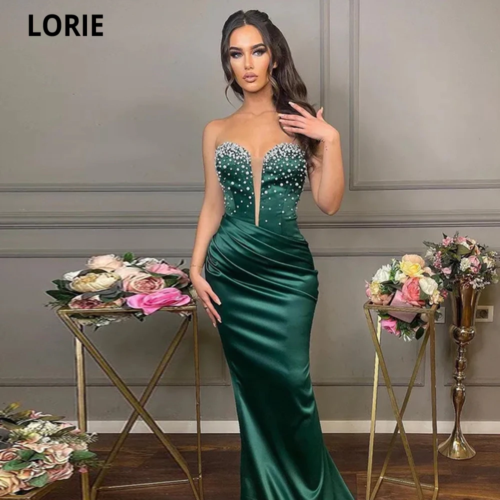 

LORIE Modern Silk Satin Prom Dresses 2022 Sleeveless Luxury Pearls Floor Length Mermaid Evening Dress Women Formal Green Gown