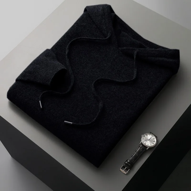 Autumn and winter new men's 100% Merino wool hooded collar knitted pullover fashionable sports and leisure warm sweater