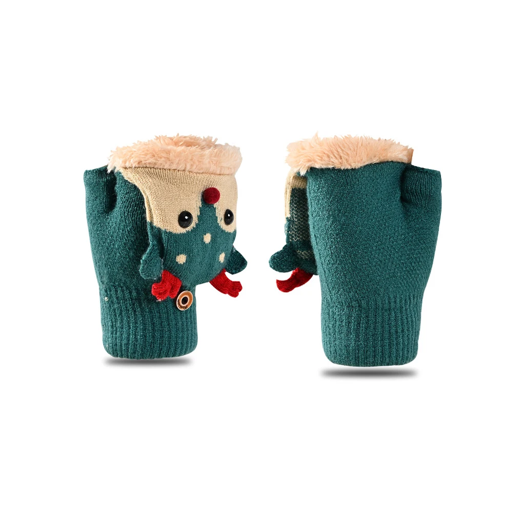 Children Winter Gloves Christmas Cartoon Elk Flip Half-Finger Mittens For Girl Boy Kids Warm Plush Lined Fingerless Glove