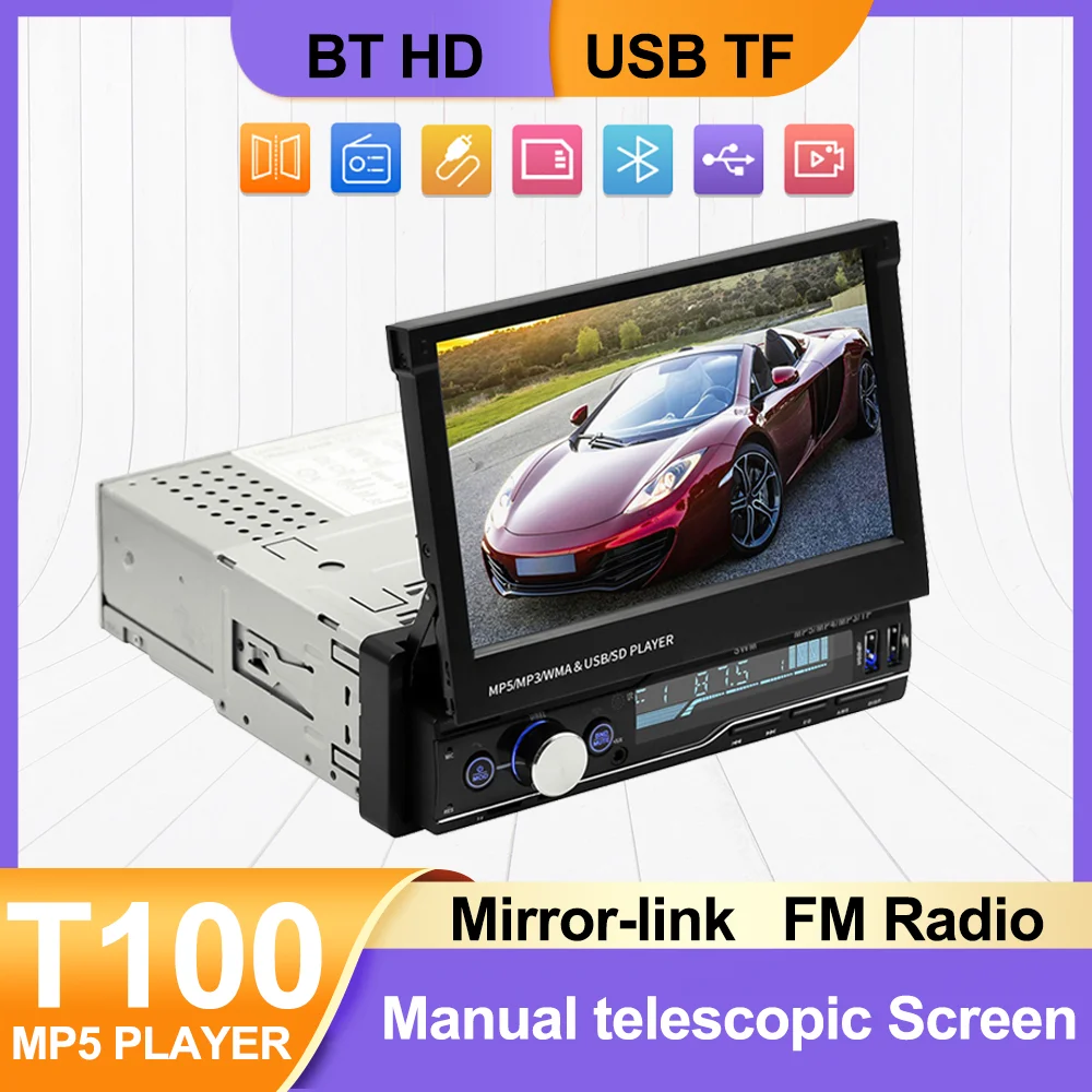 

1 din Car Multimedia Player Manual Telescopic Screen 7inch MP5 Player Radio FM AUX USB TF BT Support Carplay Camera Mirror Lin-k