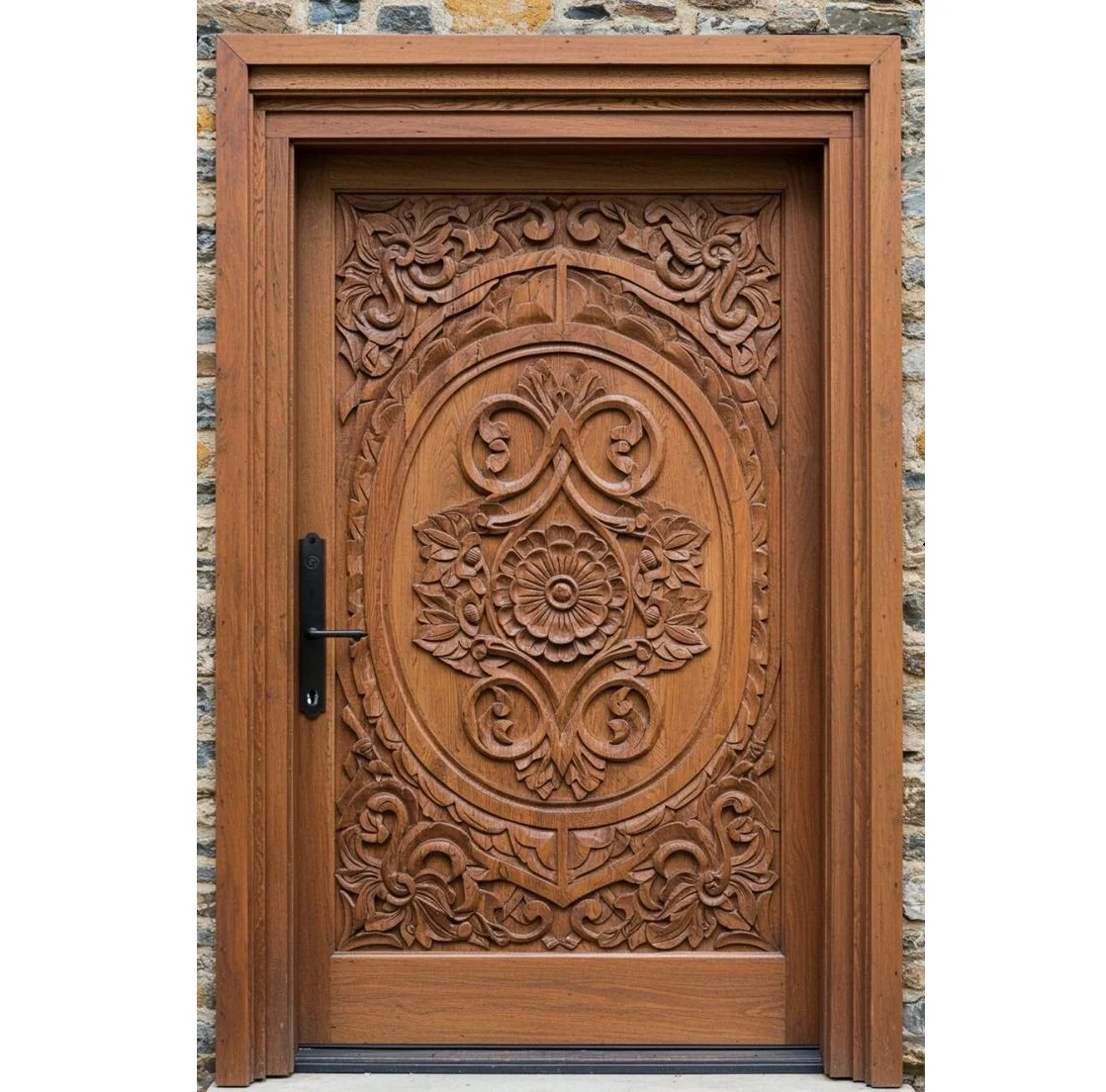 Luxury hand-carved floral mandala motif solid wood front door art beautifully decorated exterior entrance passage