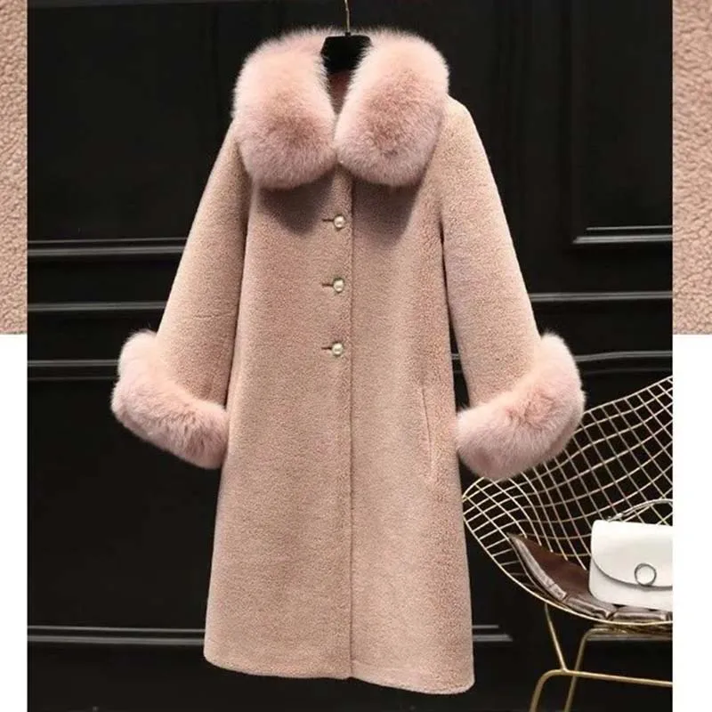 2024 Autumn/Winter New Imitation Sheep Fleece Coat Women Mid length Imitation Fox Fur Collar Particle Velvet Imitation Fur Coat5