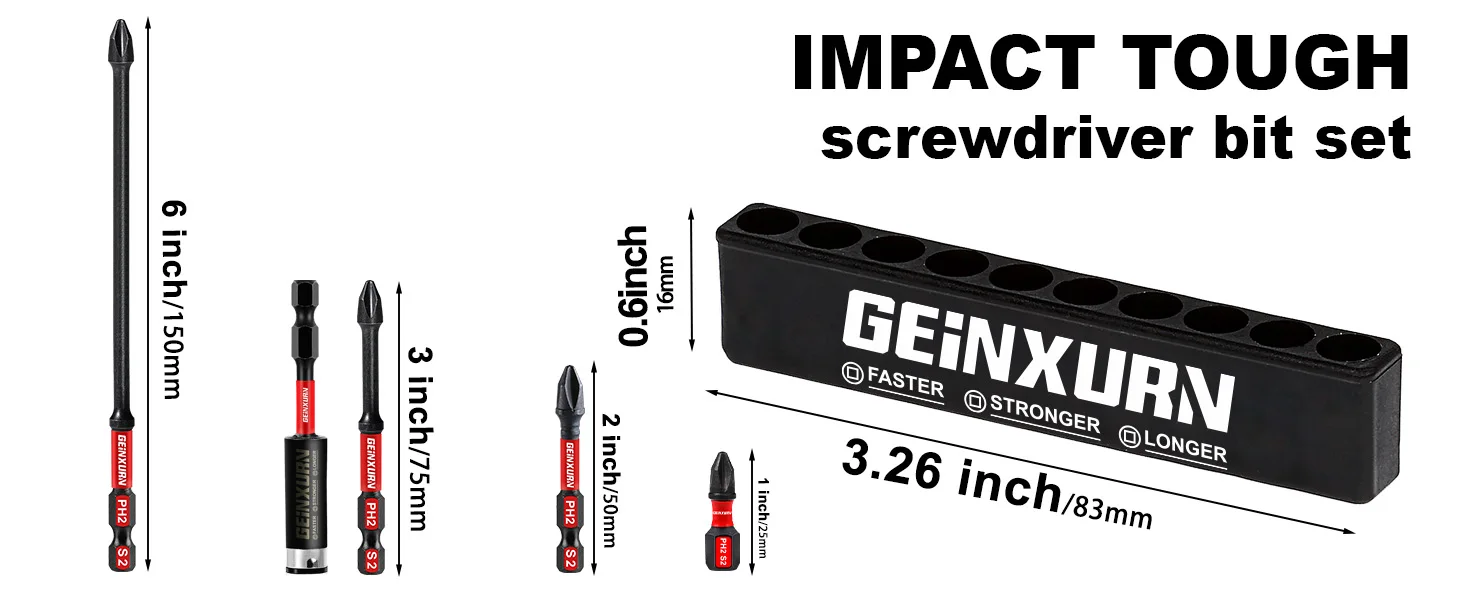 Geinxurn PH 1''/2''/3''/6'' Schraubendreher-Bit-Set mit hohem Drehmoment, 7,6 cm Bithalter und Aufbewahrungsorganisator – Detail 2