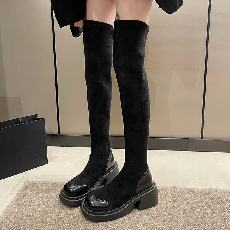 

Mid Heels Platform Women Suede Long Boots Winter New Fashion Shoes 2025 Designer Elegant Chunky Dress Pumps Party Zapatos Mujer