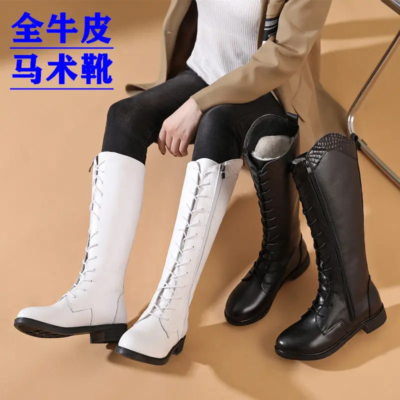 Genuine Leather Women's Equestrian Long Boots Trend Western Knee High Boots Riding Equipment Lace Up Resistant Horse Rider Shoes