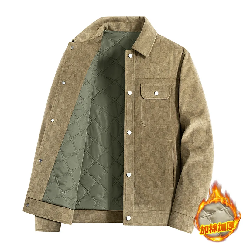 

Men's Suede Checkerboard Jacket, Business Casual Soft Touch Jackets For Man, Autumn Winter Warm Male Coat