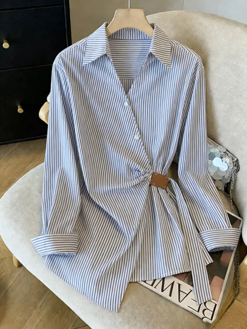 

Women's V-Neck Striped Long Sleeve Shirt Korean Style Belted Waist Design Spring Outerwear Casual Chic Top