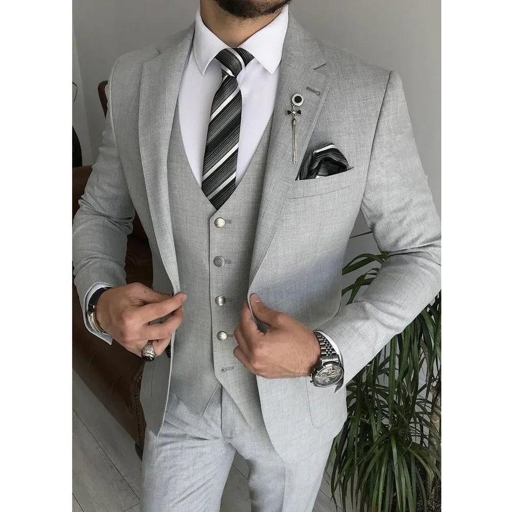 Light Gray Notch Lapel Single Breasted Suits for Men 3 Piece Chic Formal Casual Business Wedding Tuxedo (Blazer+Vest+Pants)