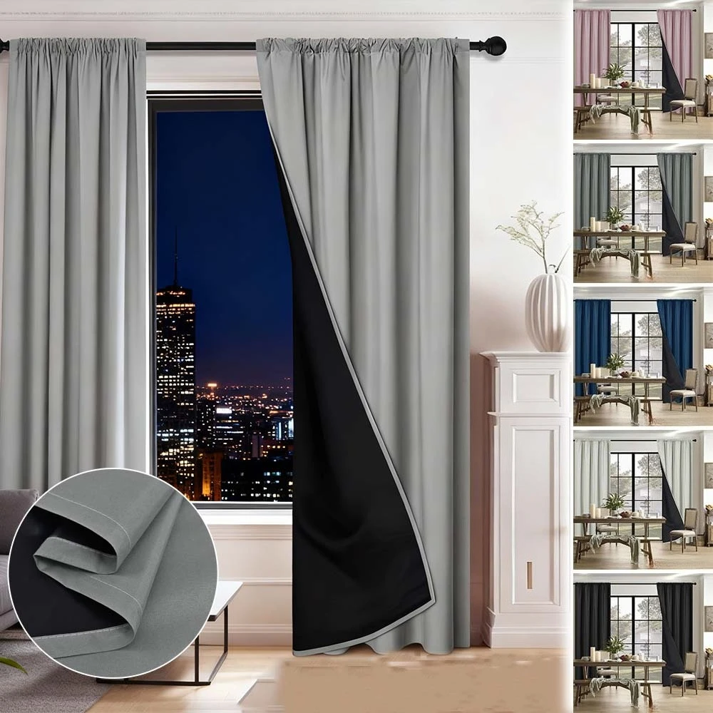 

100% Blackout Curtains with Coated Lining Thermal Insulated Sun Blocking Rod Pocket Curtains for Bedroom Living Room Home Decor