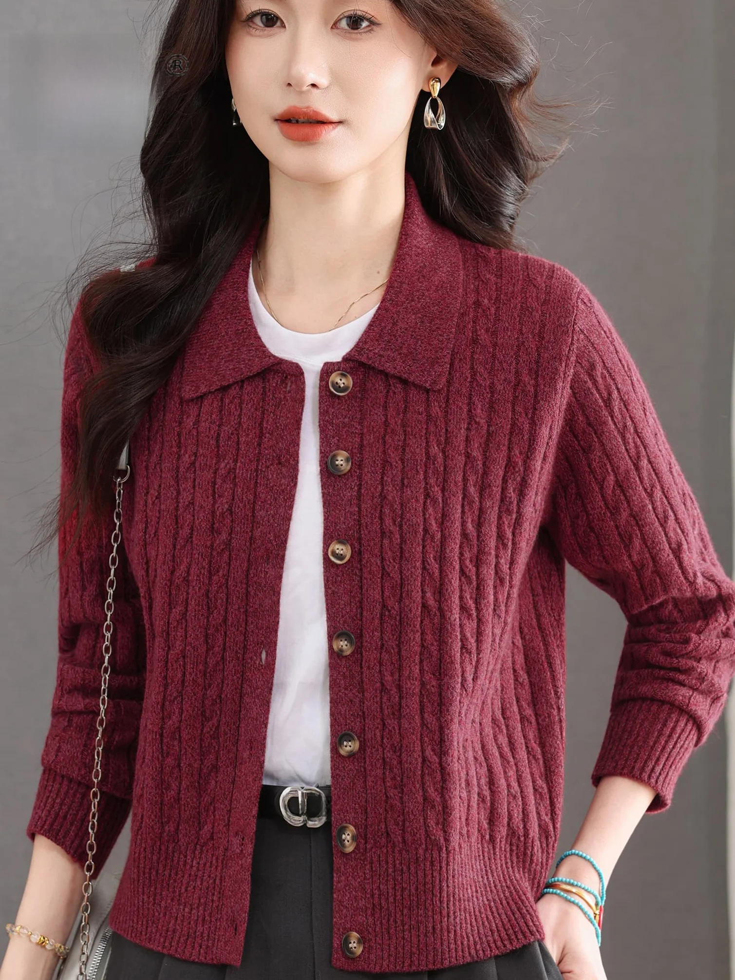 

Spring Autumn Knitted Cardigan Women's Button ort Sle Flip Collar Slimming Mom Clothes Faionable Versatile Casual Top