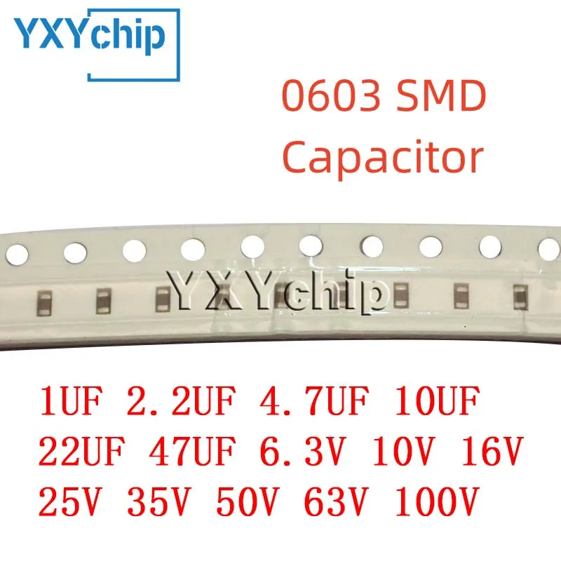 50pcs 0603 1608 SMD Capacitor 1UF 2.2UF 4.7UF 10UF 22UF 47UF 6.3V 10V 16V 25V 35V 50V 63V 100V X7R X5R K=±10% M=±20%