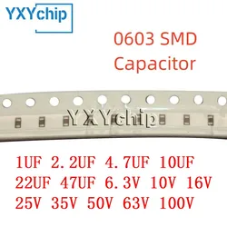 50pcs 0603 1608 SMD Capacitor 1UF 2.2UF 4.7UF 10UF 22UF 47UF 6.3V 10V 16V 25V 35V 50V 63V 100V X7R X5R K=±10% M=±20%