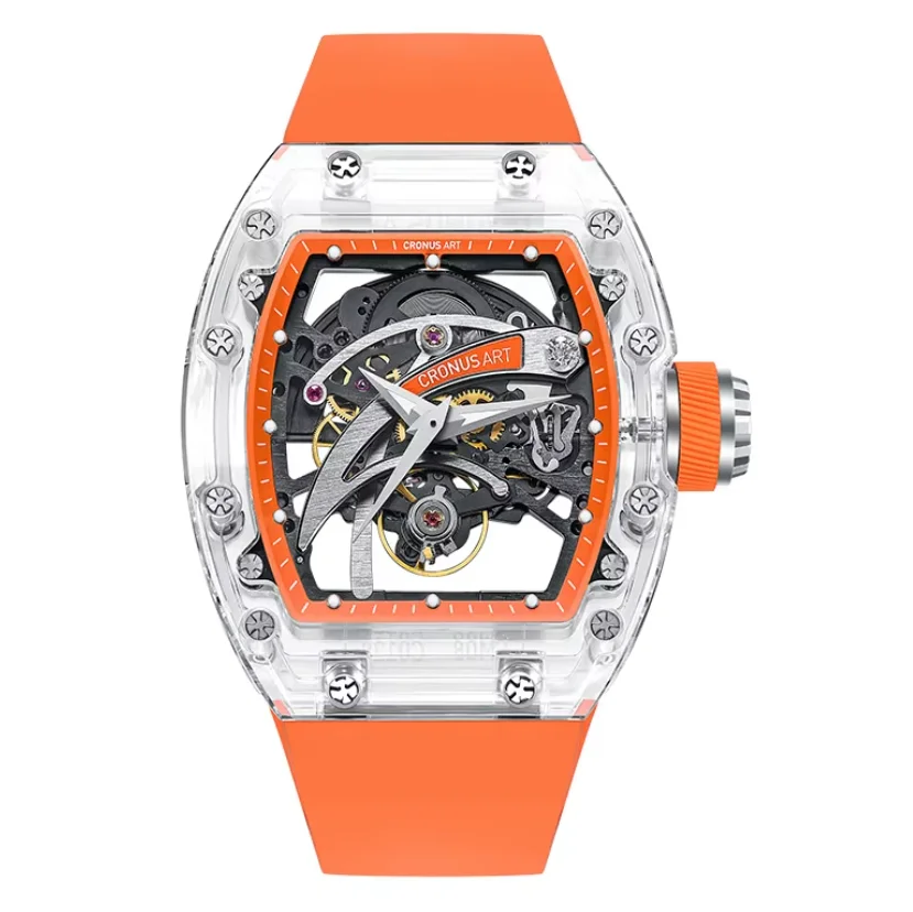 CRONUSART Men Automatic Watch 50mm Tonneau Mechanical Wristwatch Sapphire Case Luminous Skeleton Blade Dial