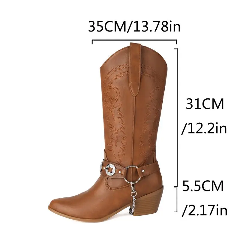 REAVE CAT-Botas hasta la rodilla para mujer, botines de punta redonda con tacón de bloque de 5,5 cm, sin cordones, con decoración de cadena bordada