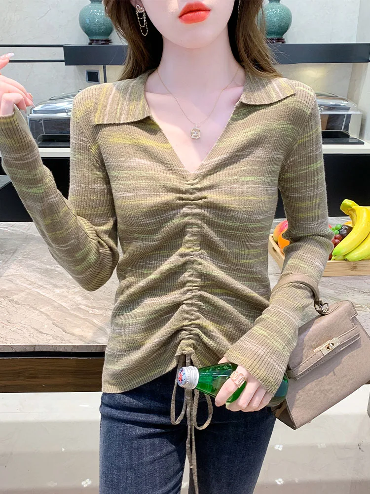 Trendy Striped Knitwear Women's Long Sve Dstring Waist Color Blo Sweater Spring 2025 Casual Comfortable Polyester Blend