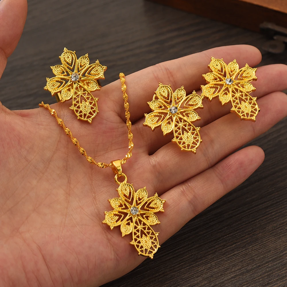 Ethiopian CZ Cross Baby Size Flower Cross Jewelry Set  Ethiopia Gold Eritrea Sets For Women's Habesha Wedding Party Gift