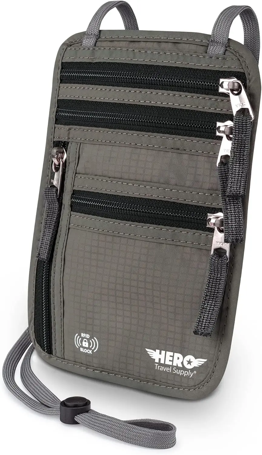 

RFID Blocking Neck Wallet - Concealable Passport Holder for Secure Travel (Army Grey)